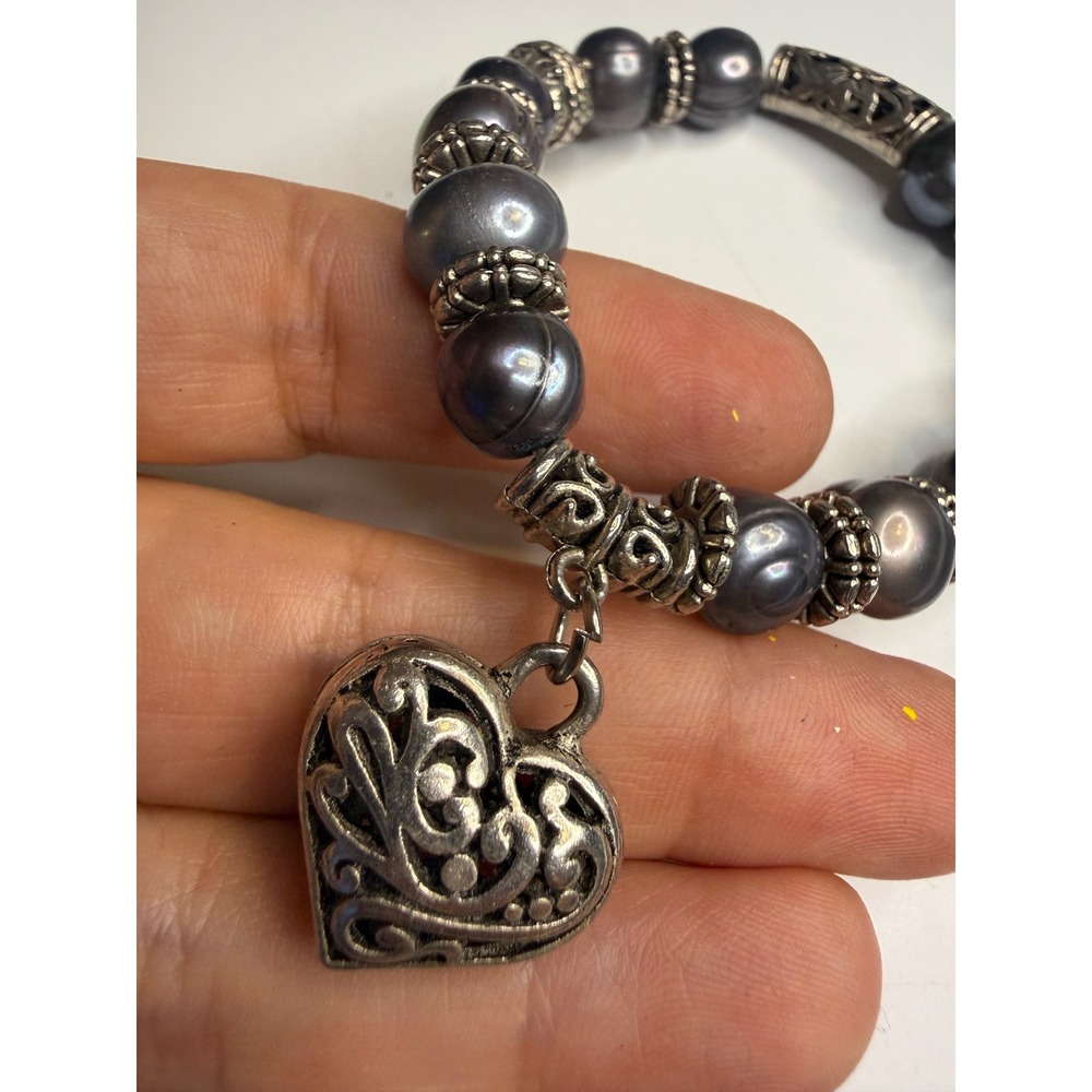 Silver Tone Filigree Heart Charm Bracelet Grey Iridescent Faux Pearl Stretch
